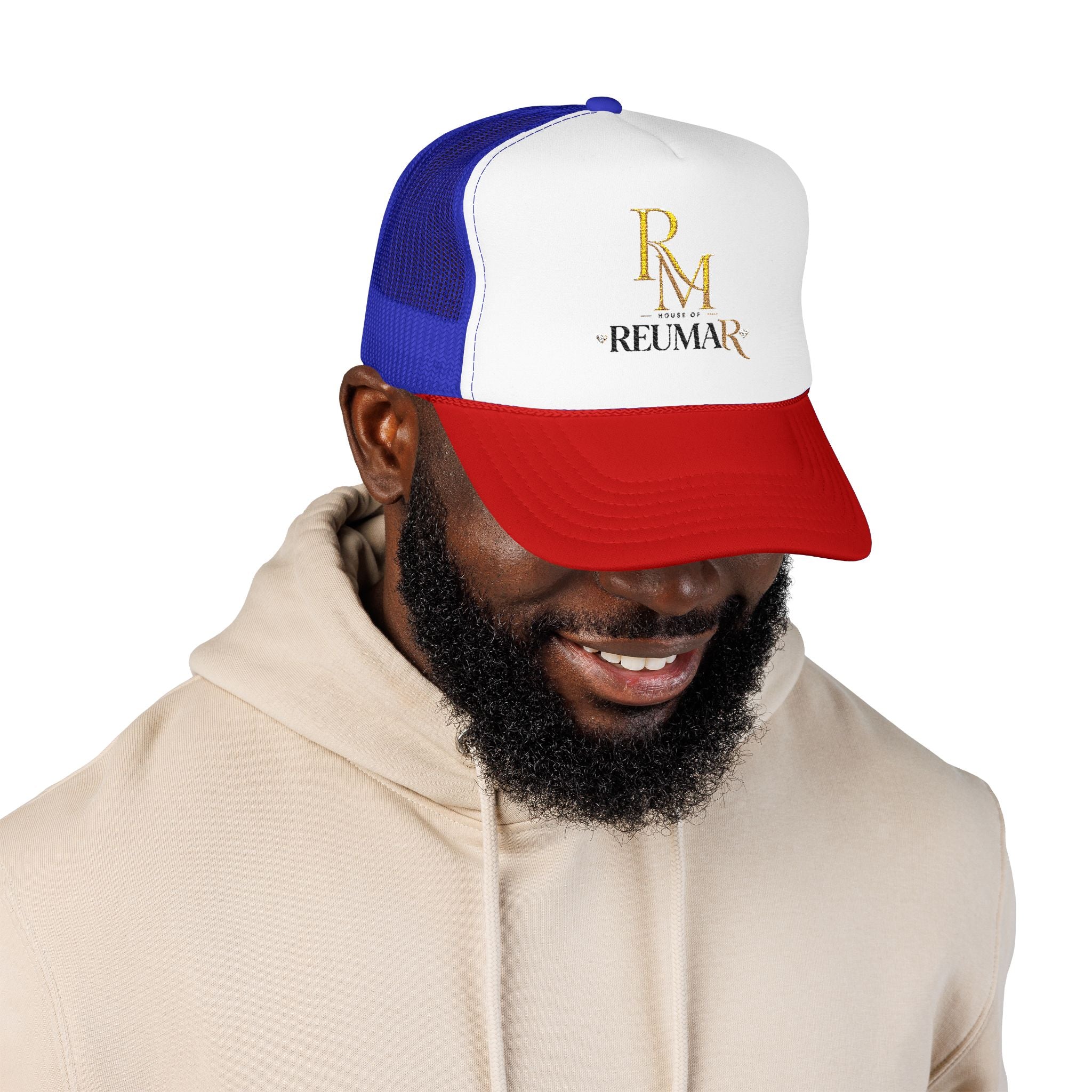 Reumar Gold Monogram Trucker Hat - Mesh Foam Baseball Cap