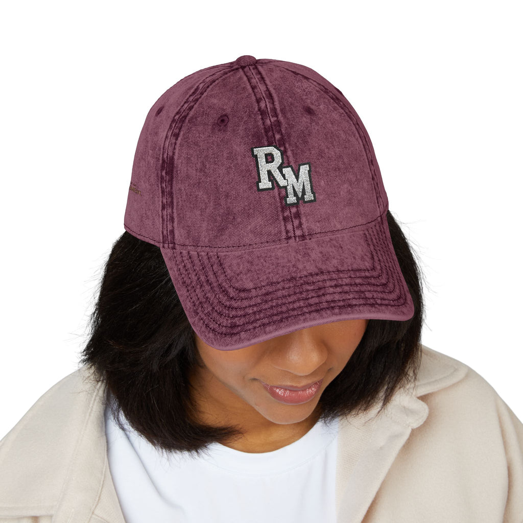 Vintage Embroidered Cap – Distressed Grey Baseball Hat with Gold RM Monogram