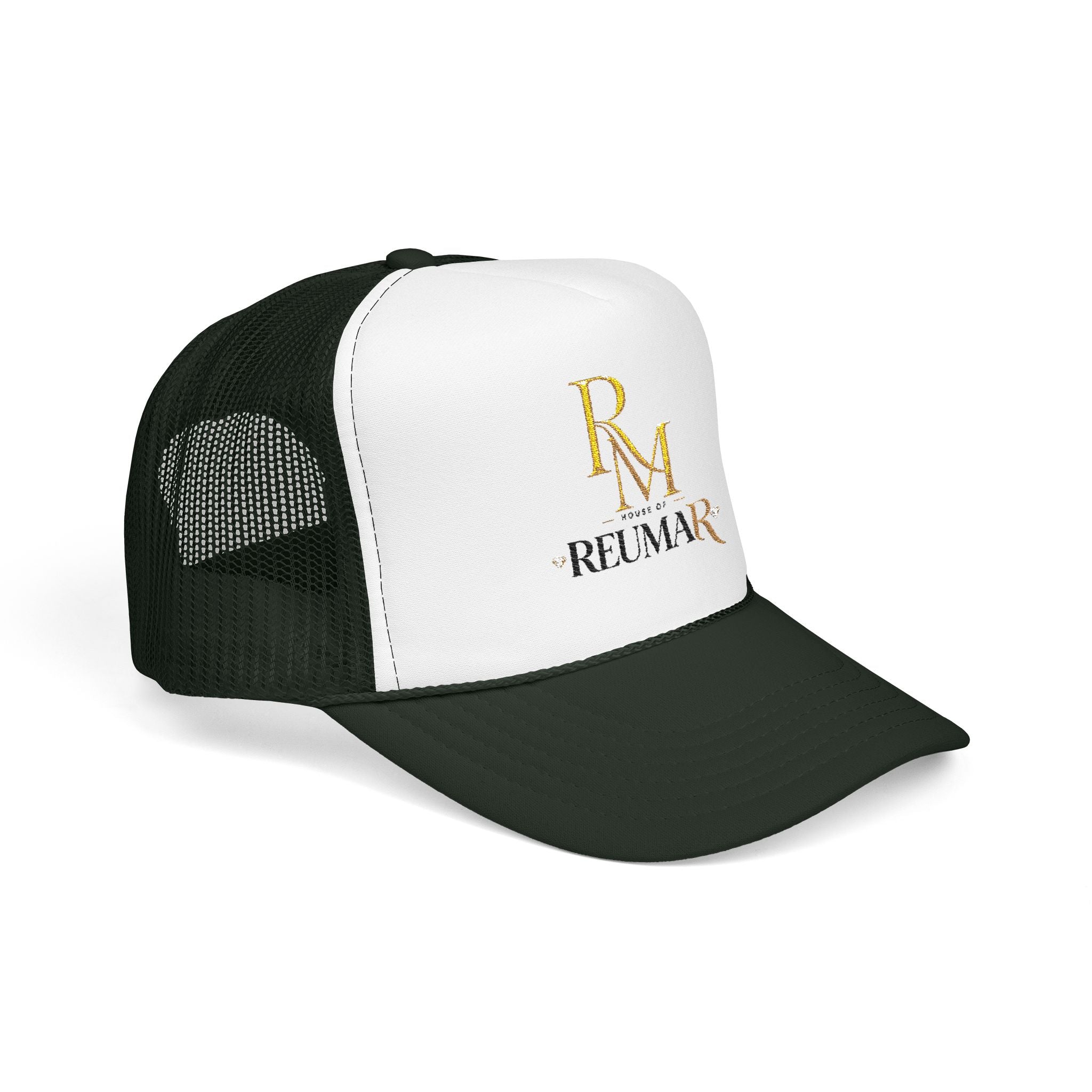 Reumar Gold Monogram Trucker Hat - Mesh Foam Baseball Cap